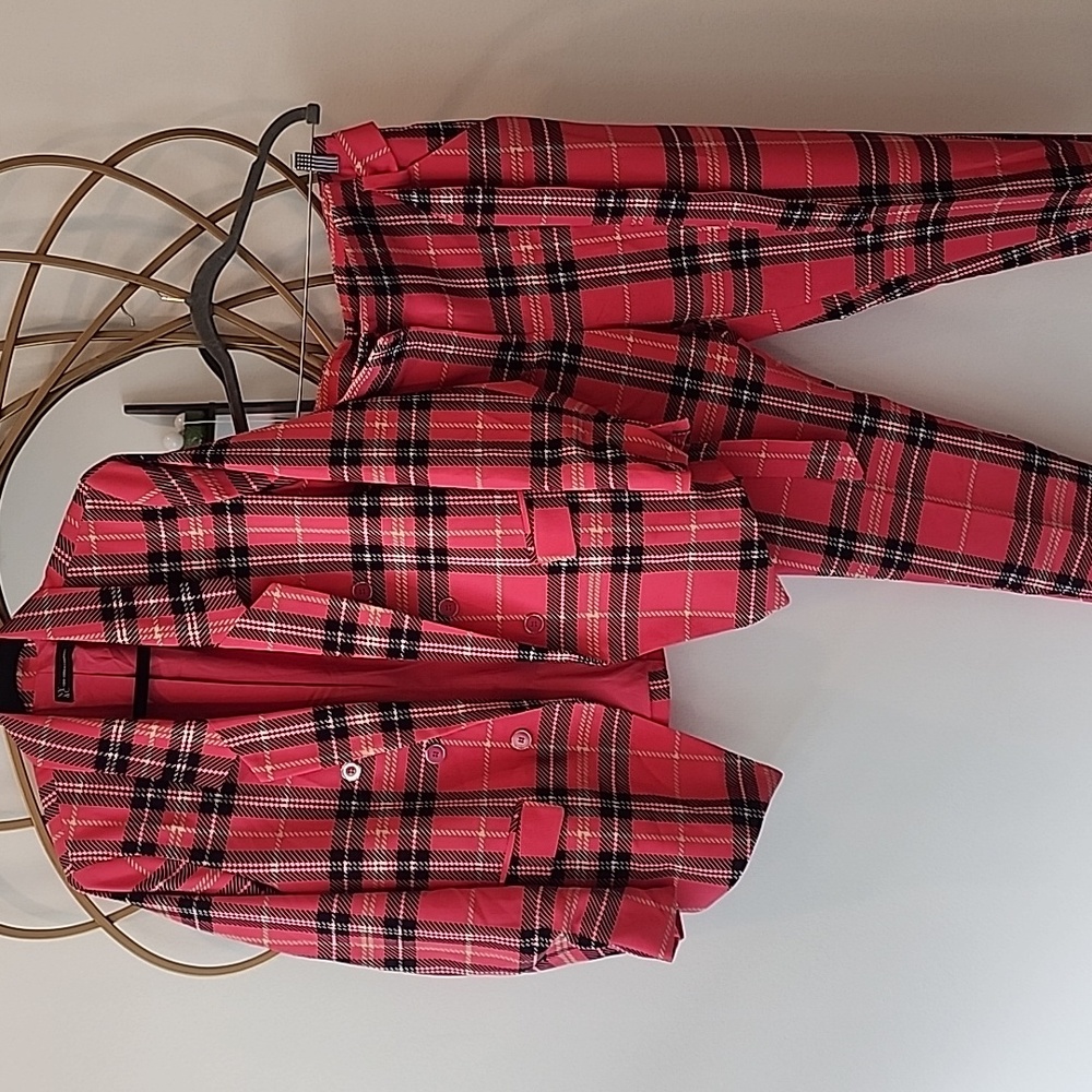 New York & Company Pink Black Plaid Blazer & Pants Suit